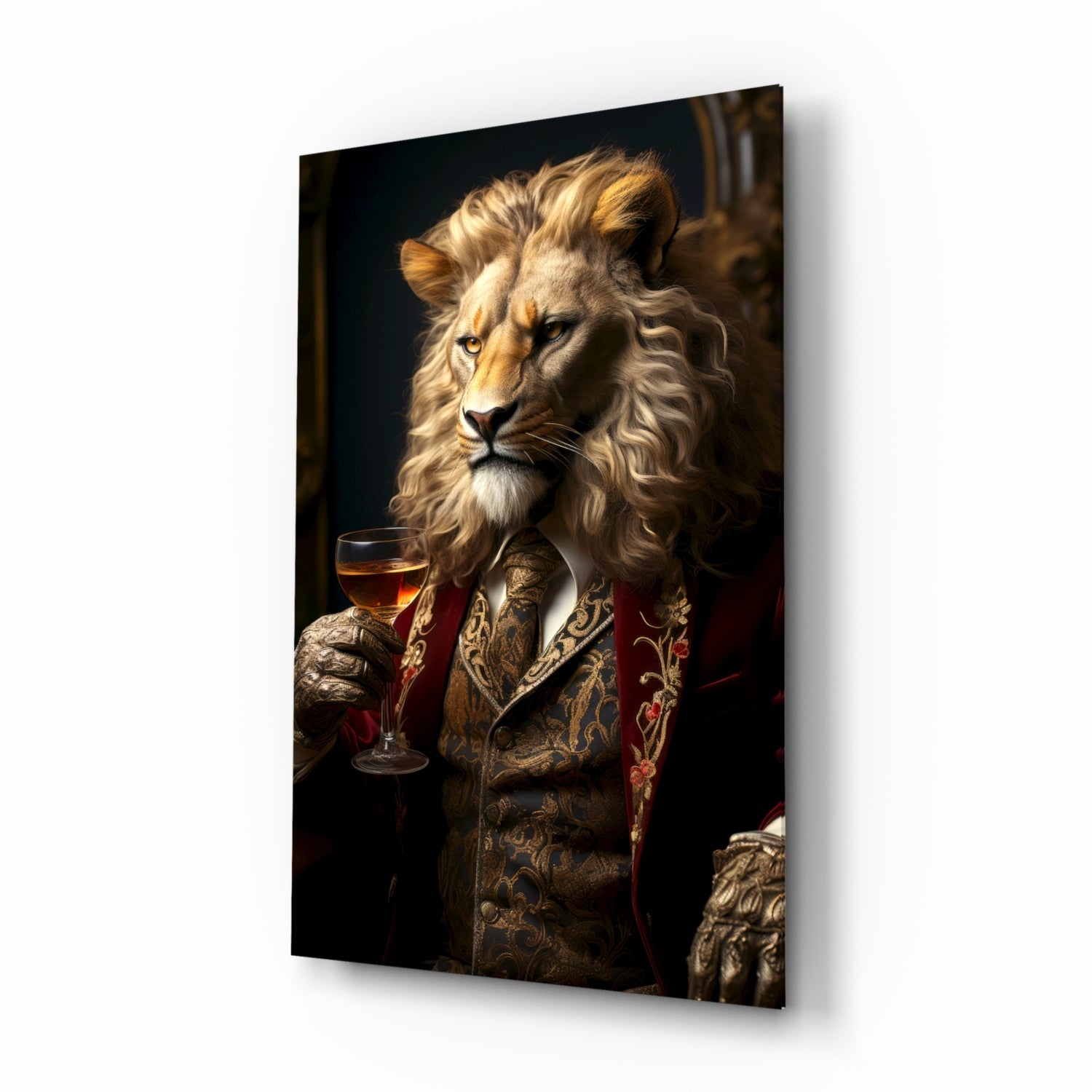Lion in Crimson Military Coat Glass Wall Art
