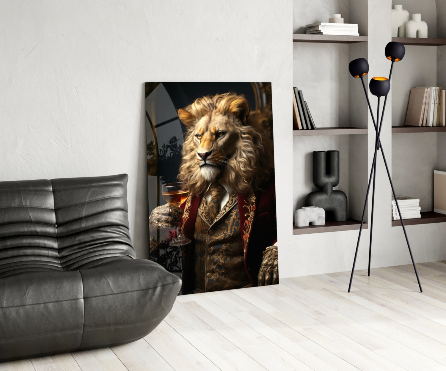 Lion in Crimson Military Coat Glass Wall Art