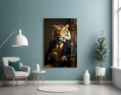 Tiger in Navy Suit Fireside Glass Wall Art