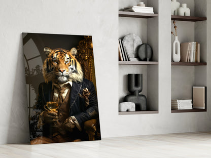 Tiger in Navy Suit Fireside Glass Wall Art