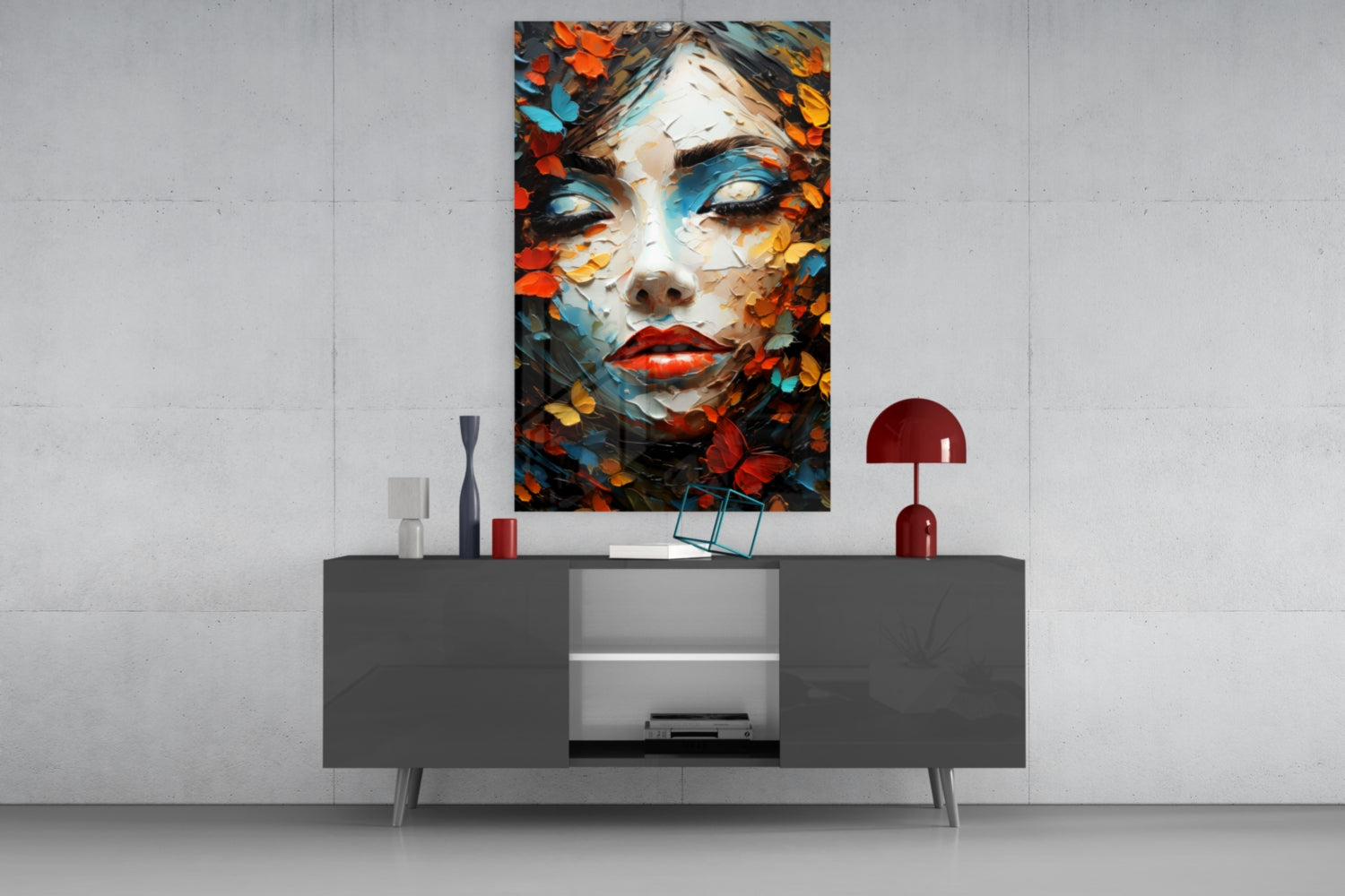 Red Lips Palette Knife Woman in Leaves Glass Wall Art