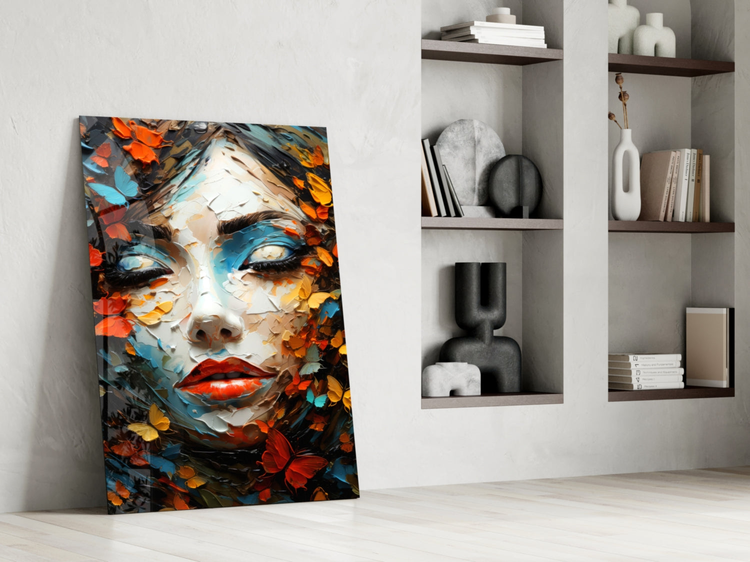 Red Lips Palette Knife Woman in Leaves Glass Wall Art