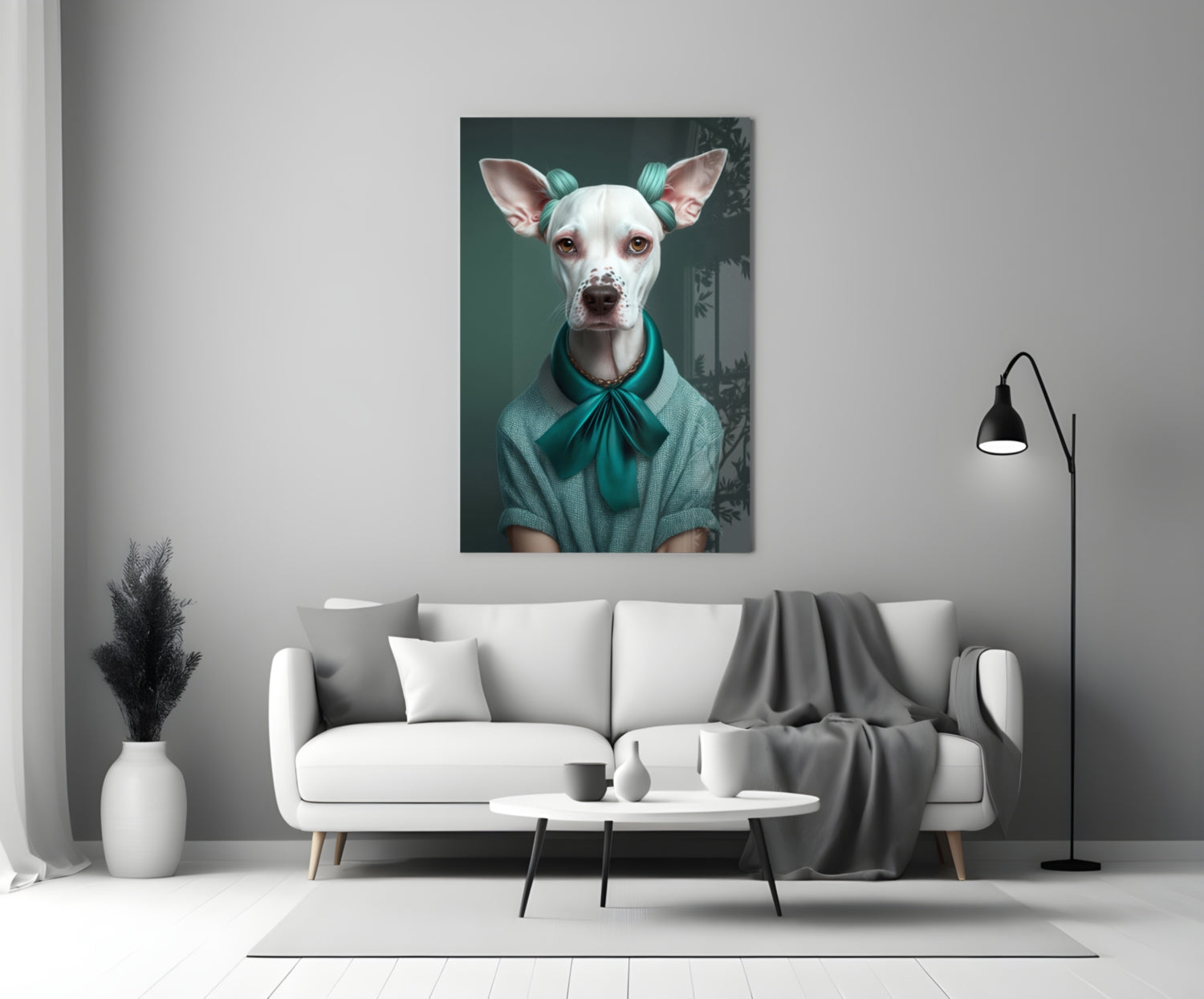 White Dog in Teal Bow Hair Rollers Glass Wall Art