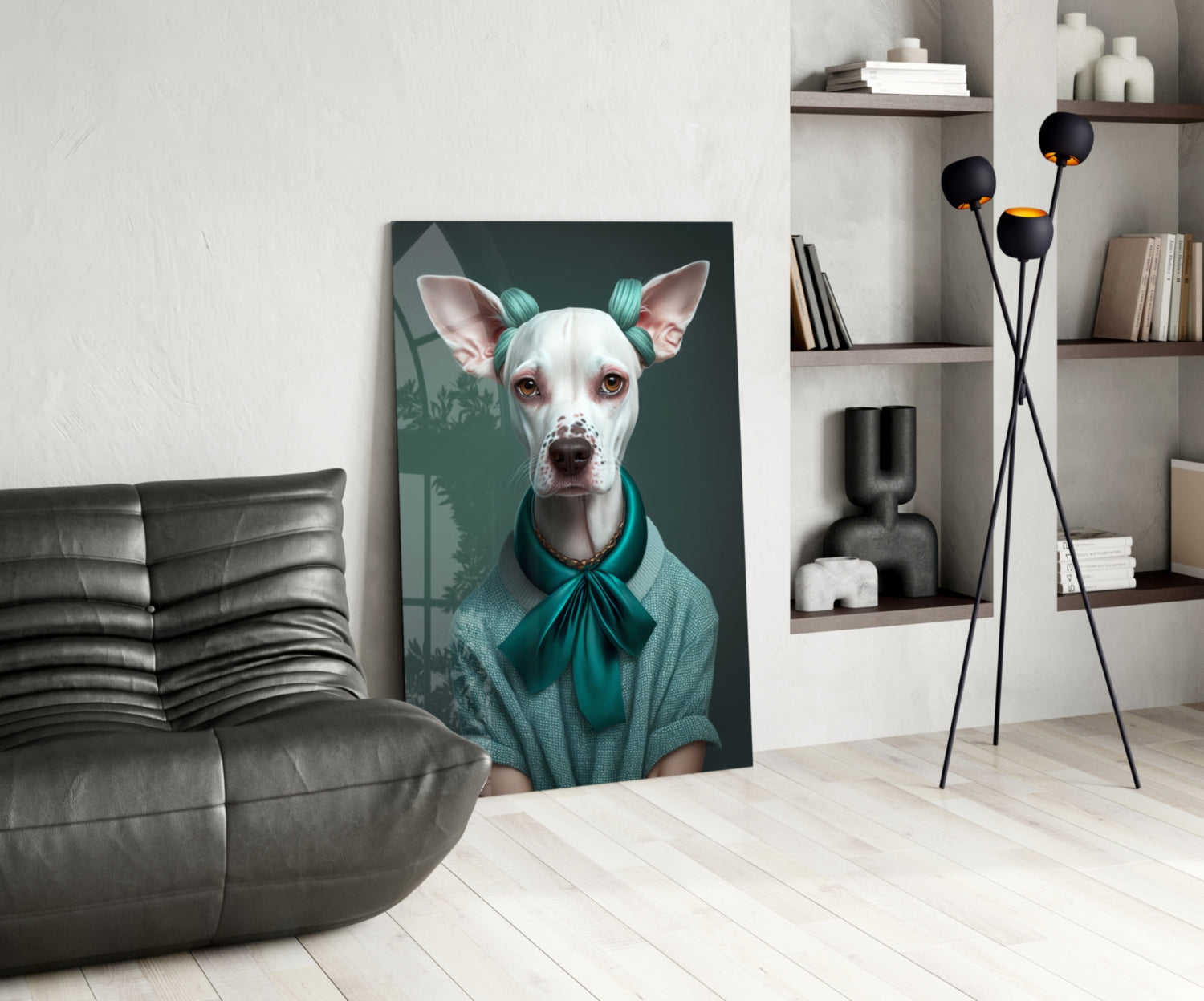 White Dog in Teal Bow Hair Rollers Glass Wall Art