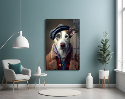 Dog in Flat Cap and Shearling Coat Glass Wall Art