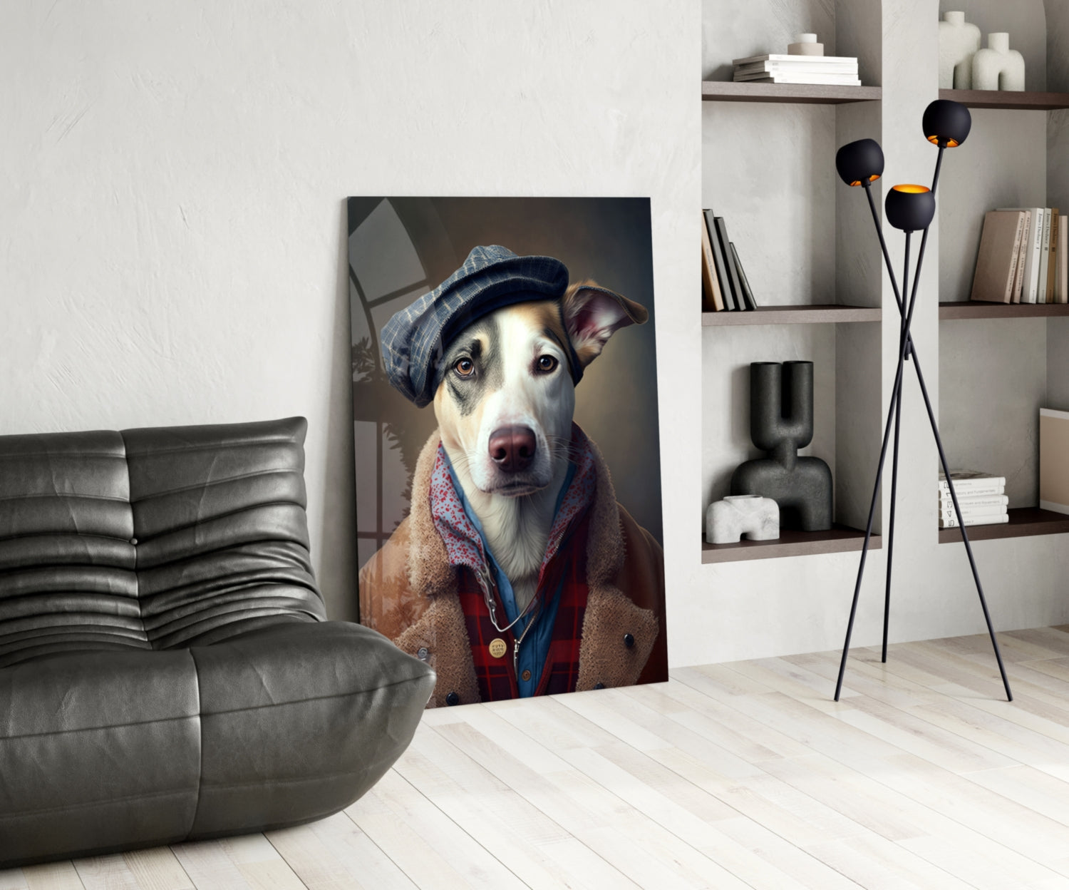 Dog in Flat Cap and Shearling Coat Glass Wall Art
