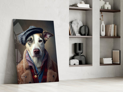 Dog in Flat Cap and Shearling Coat Glass Wall Art