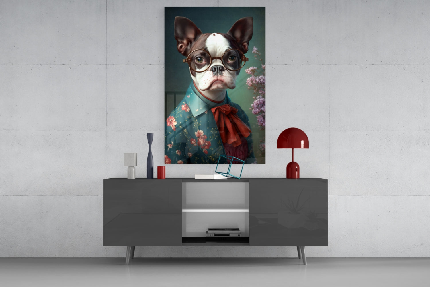 Bulldog in Round Glasses Floral Shirt Glass Wall Art