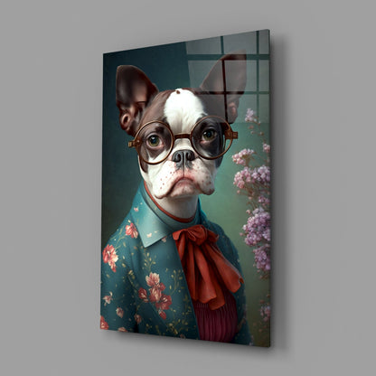Bulldog in Round Glasses Floral Shirt Glass Wall Art