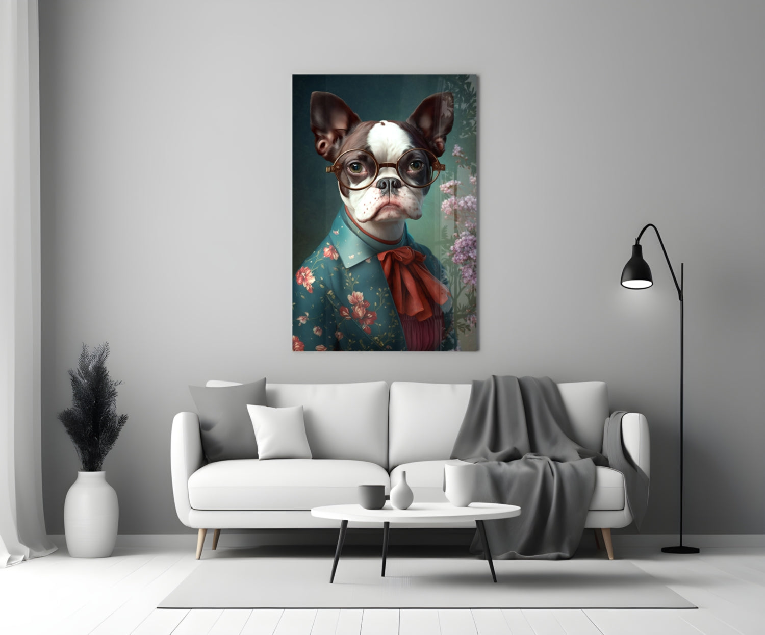 Bulldog in Round Glasses Floral Shirt Glass Wall Art