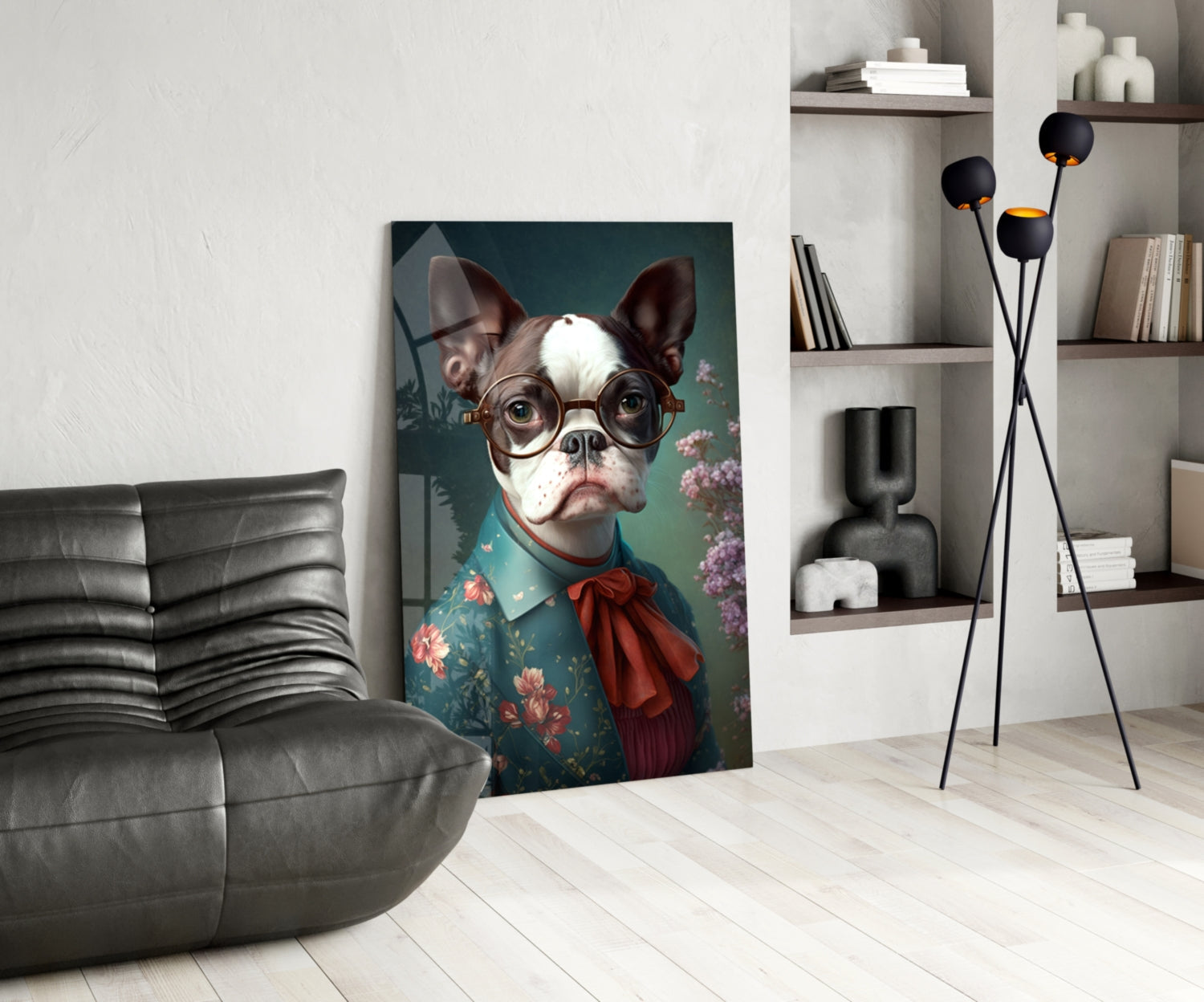 Bulldog in Round Glasses Floral Shirt Glass Wall Art