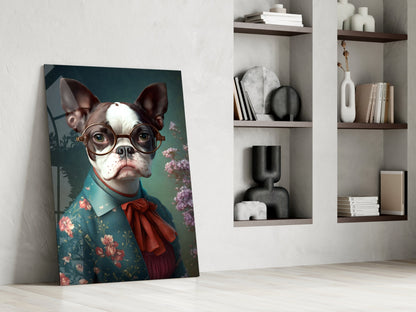 Bulldog in Round Glasses Floral Shirt Glass Wall Art