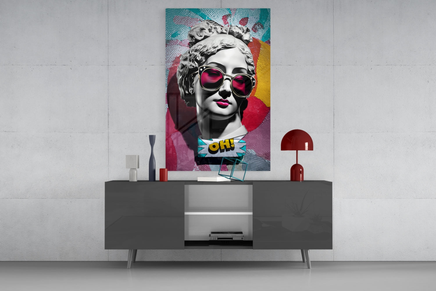 Teal Collage Grey Statue Head Glass Wall Art