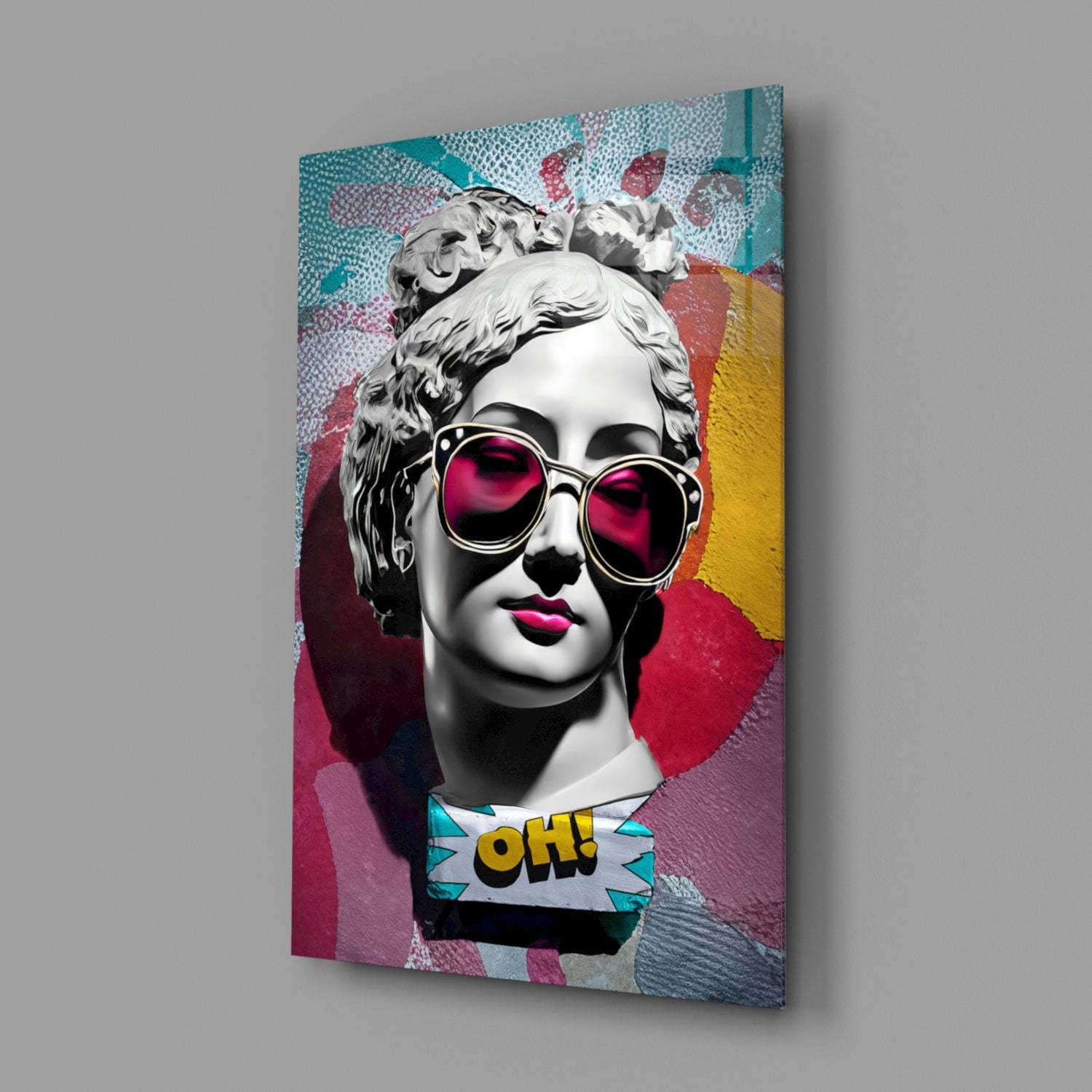 Teal Collage Grey Statue Head Glass Wall Art