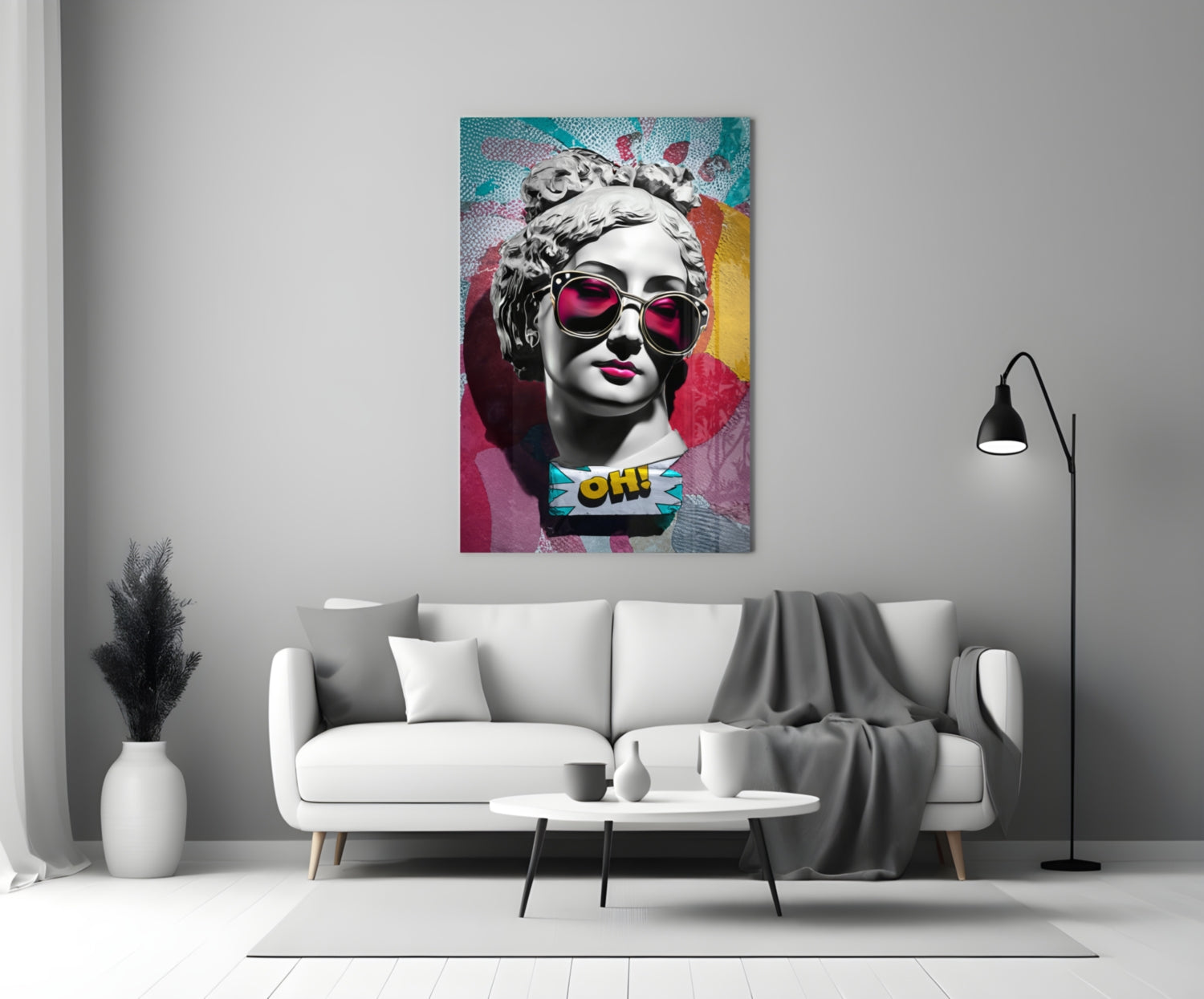 Teal Collage Grey Statue Head Glass Wall Art