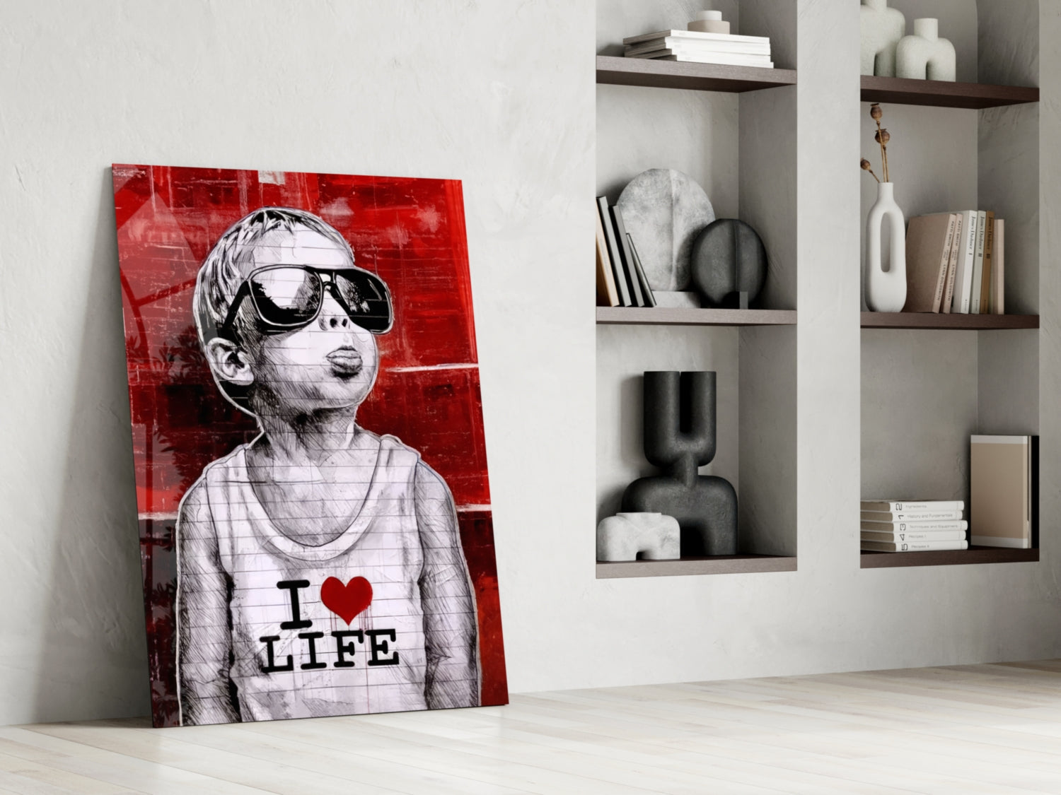 Red Wall Sunglasses Boy Glass Wall Art