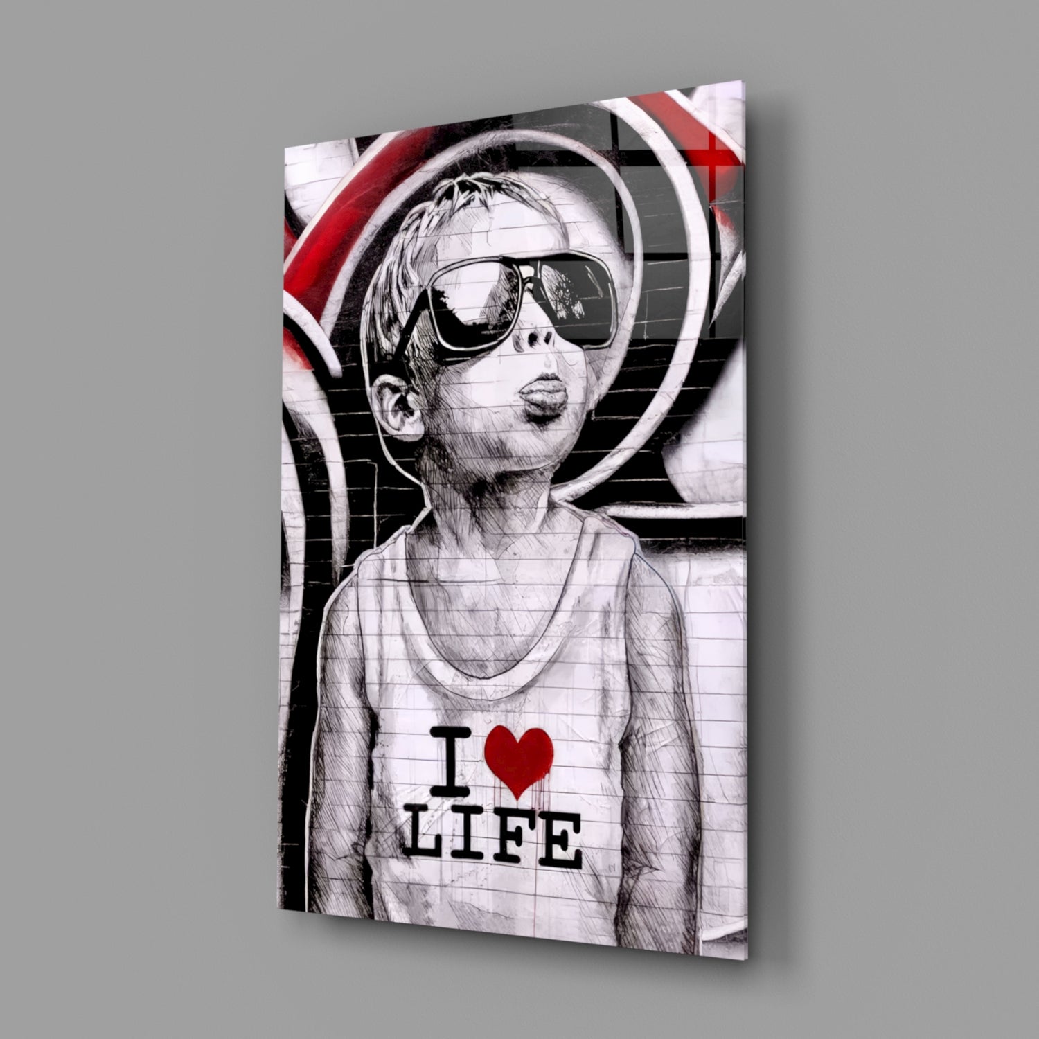 Red Swirl Sunglasses Boy Glass Wall Art