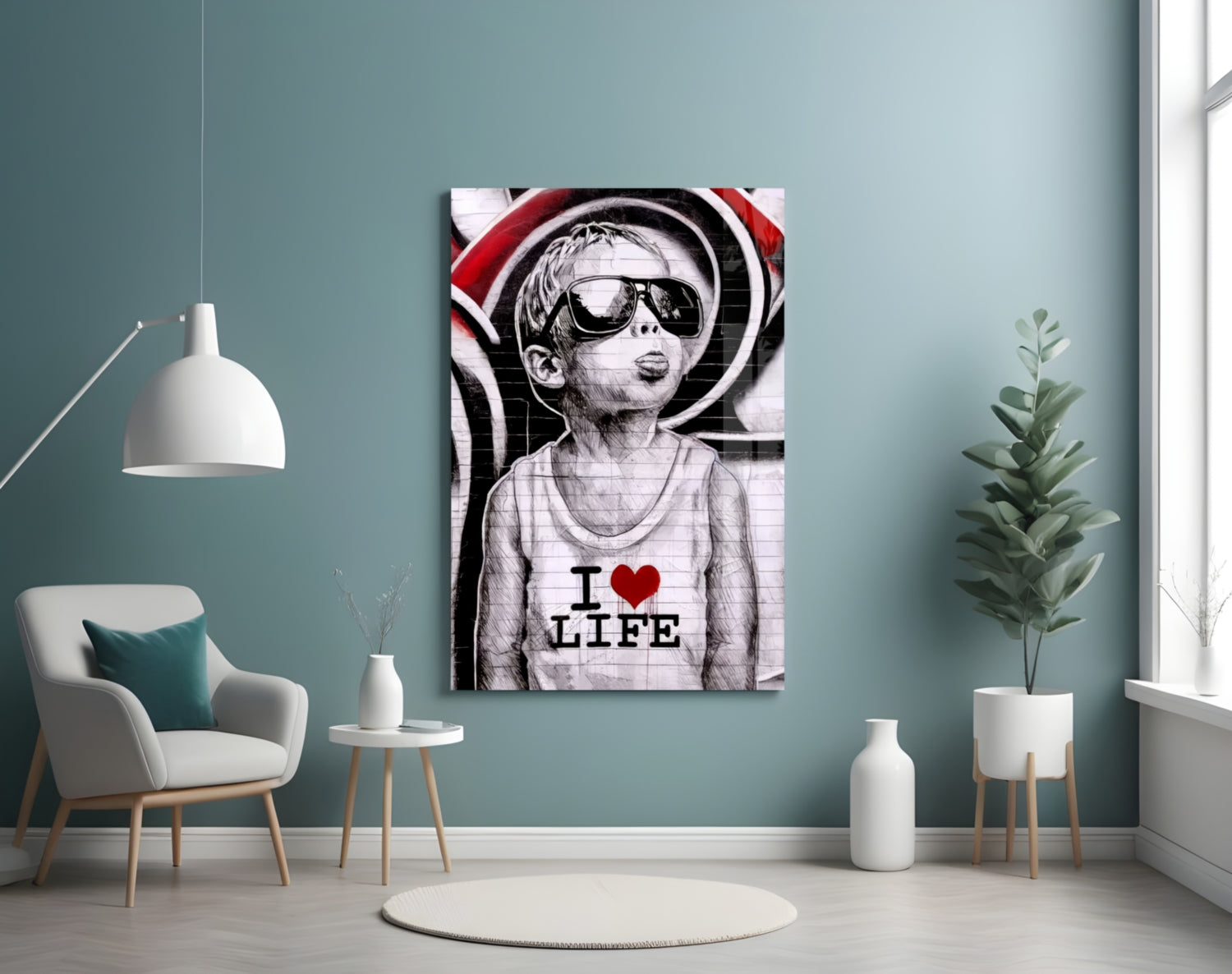 Red Swirl Sunglasses Boy Glass Wall Art