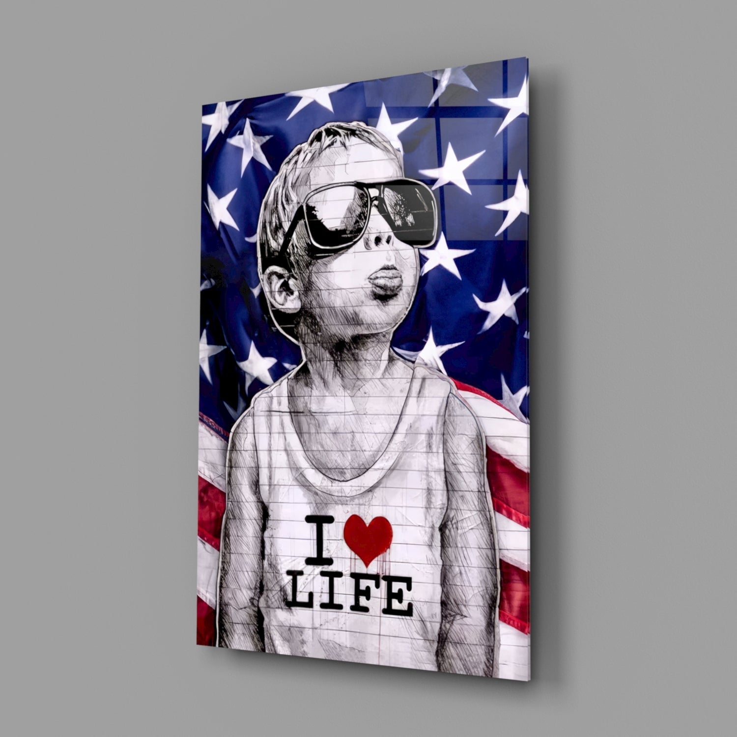 American Flag Sunglasses Boy Glass Wall Art