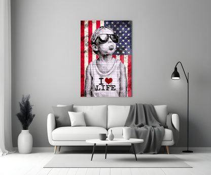 Rustic USA Flag Sunglasses Boy Glass Wall Art