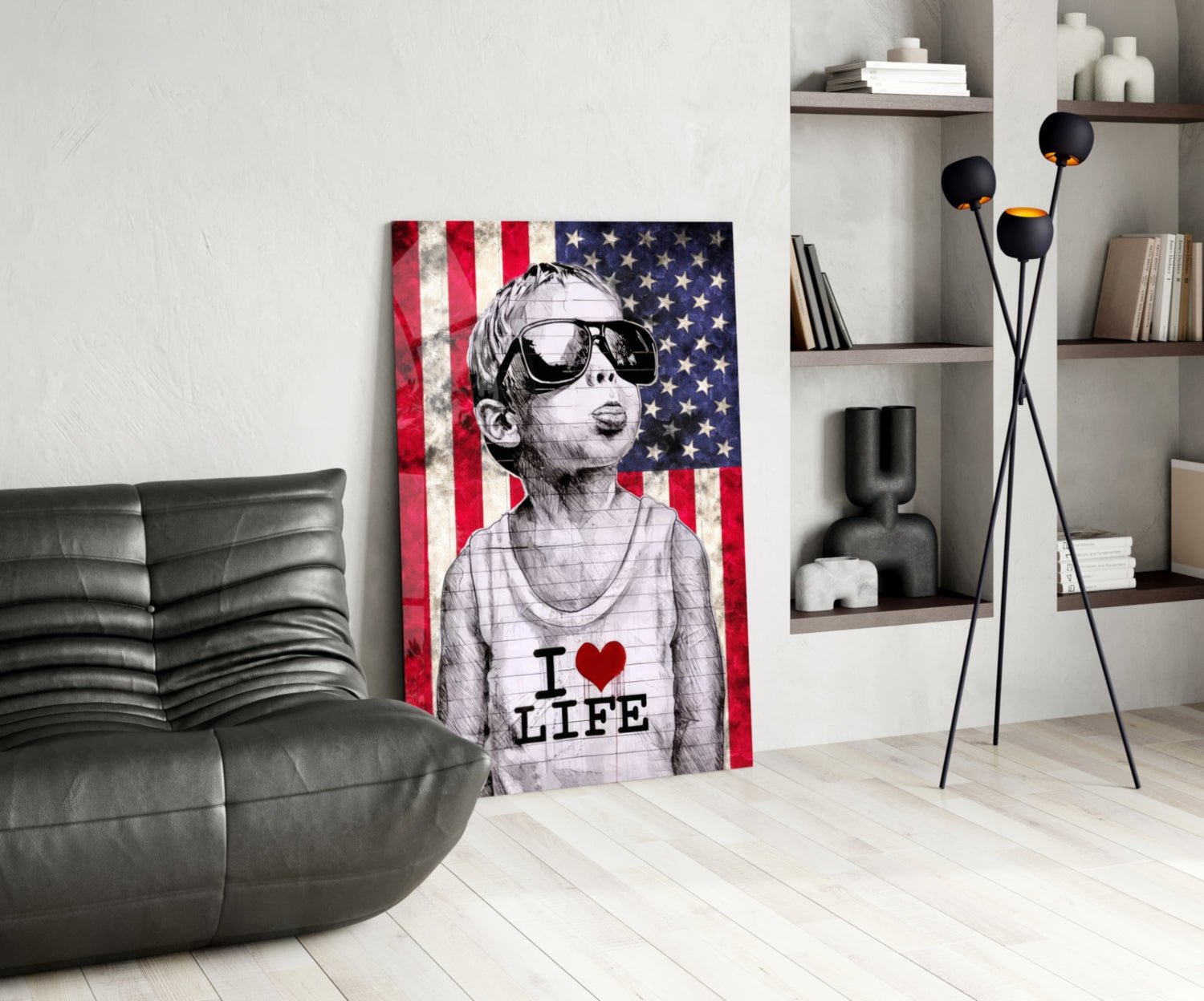 Rustic USA Flag Sunglasses Boy Glass Wall Art