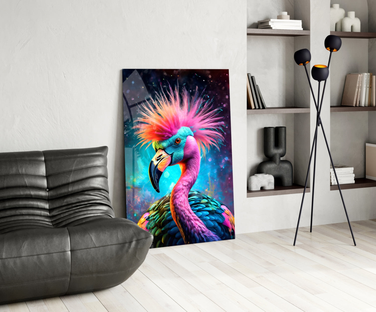 Punk Mohawk Flamingo Teal Face Glass Wall Art
