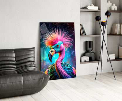 Punk Mohawk Flamingo Teal Face Glass Wall Art
