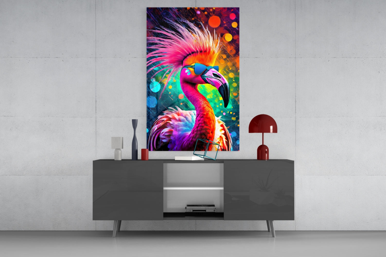 Flamingo in Sunglasses Neon Bokeh Glass Wall Art
