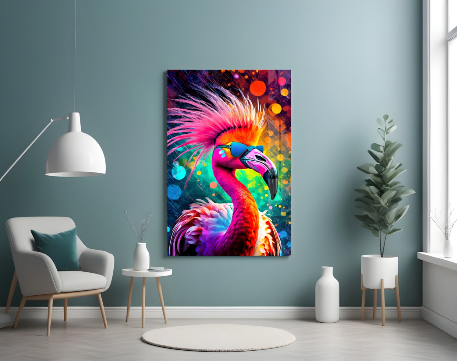 Flamingo in Sunglasses Neon Bokeh Glass Wall Art