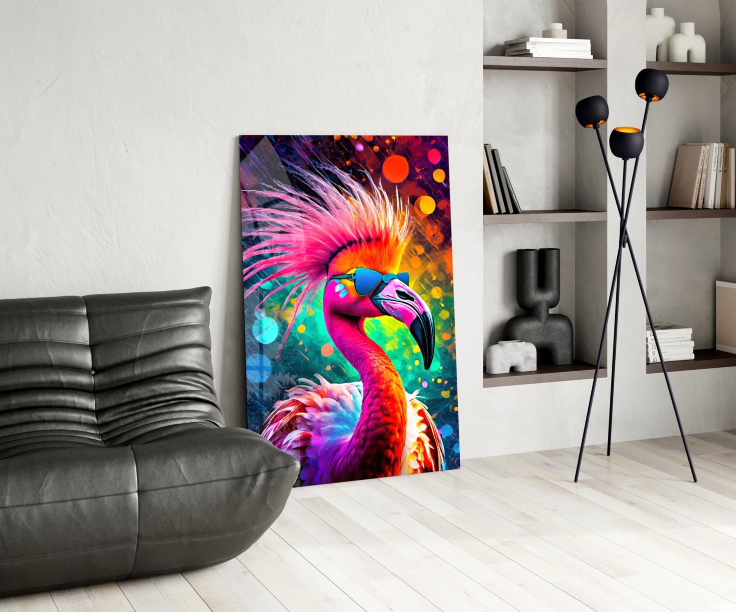 Flamingo in Sunglasses Neon Bokeh Glass Wall Art