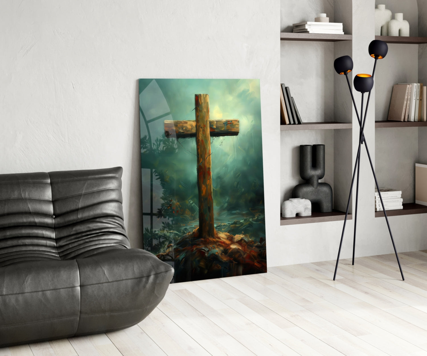 Rustic Wooden Cross In Teal Mist Glass Wall Art