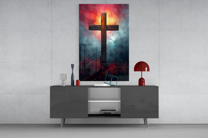 Dark Cross With Crimson Cloud Sunrise Glass Wall Art