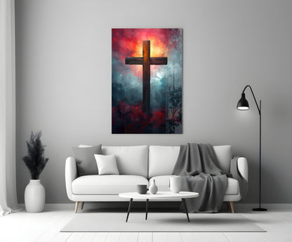 Dark Cross With Crimson Cloud Sunrise Glass Wall Art