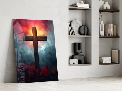 Dark Cross With Crimson Cloud Sunrise Glass Wall Art