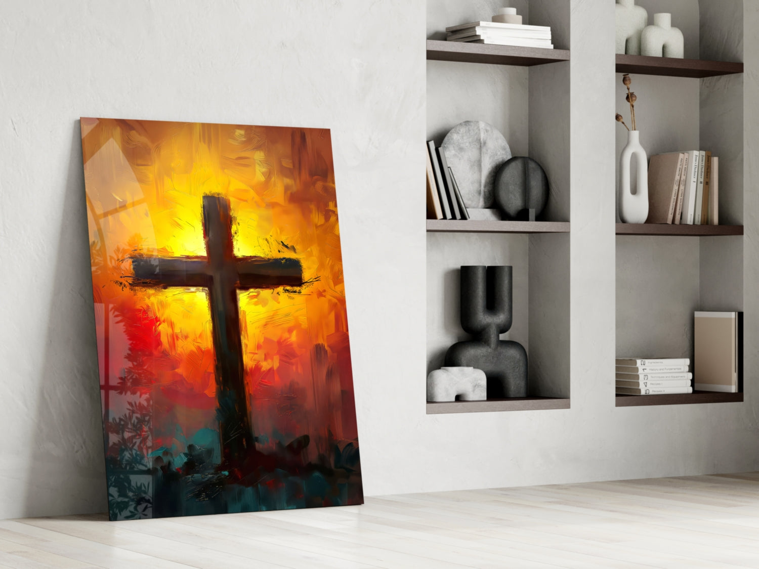 Fiery Orange And Teal Sunburst Cross Glass Wall Art