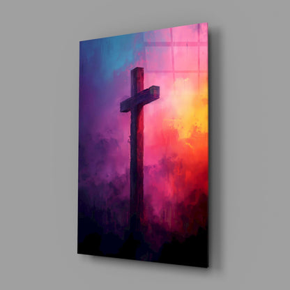 Magenta And Purple Cloud Cross Glass Wall Art