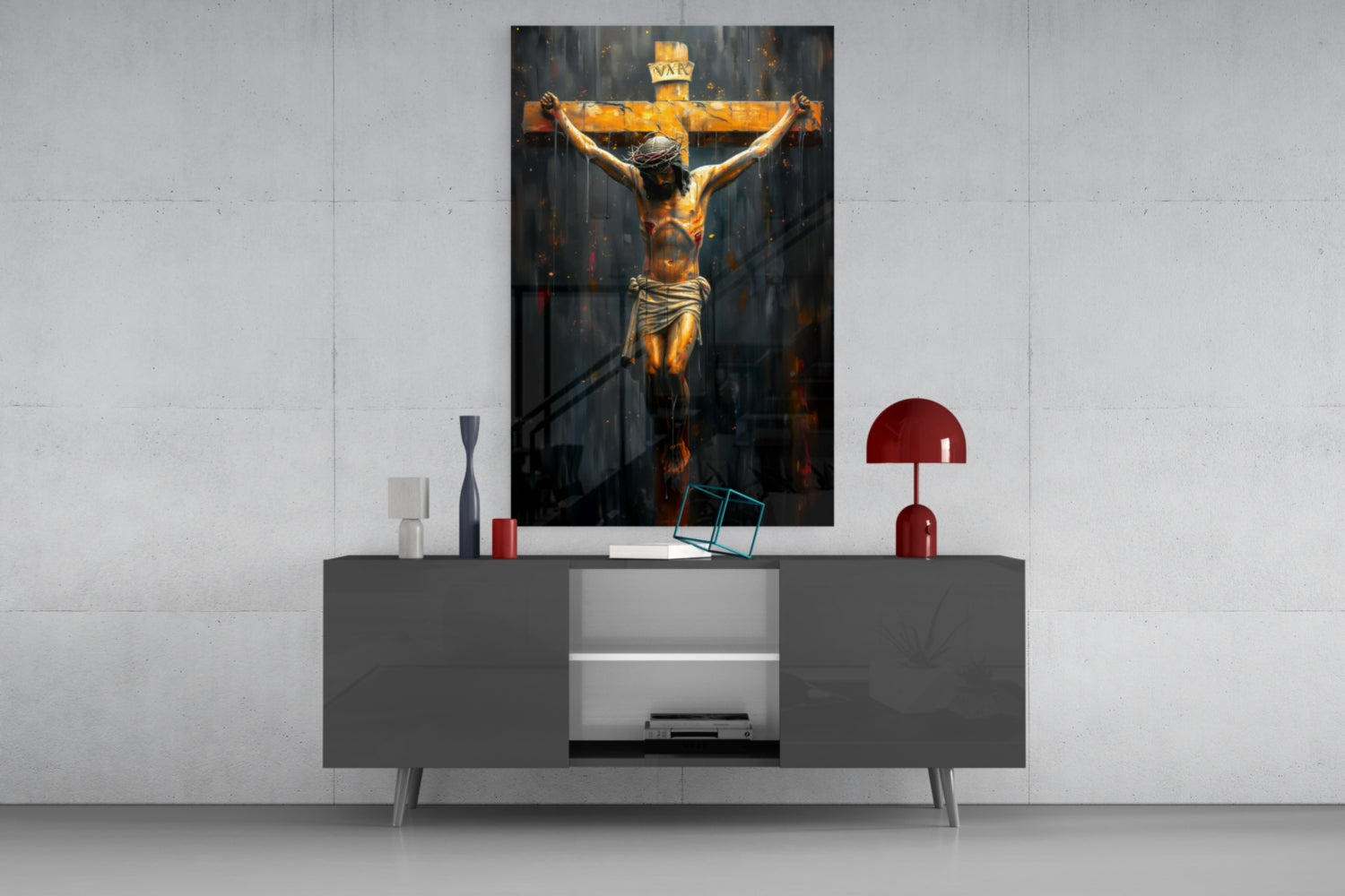 Golden Cross Crucifixion Dark Backdrop Glass Wall Art