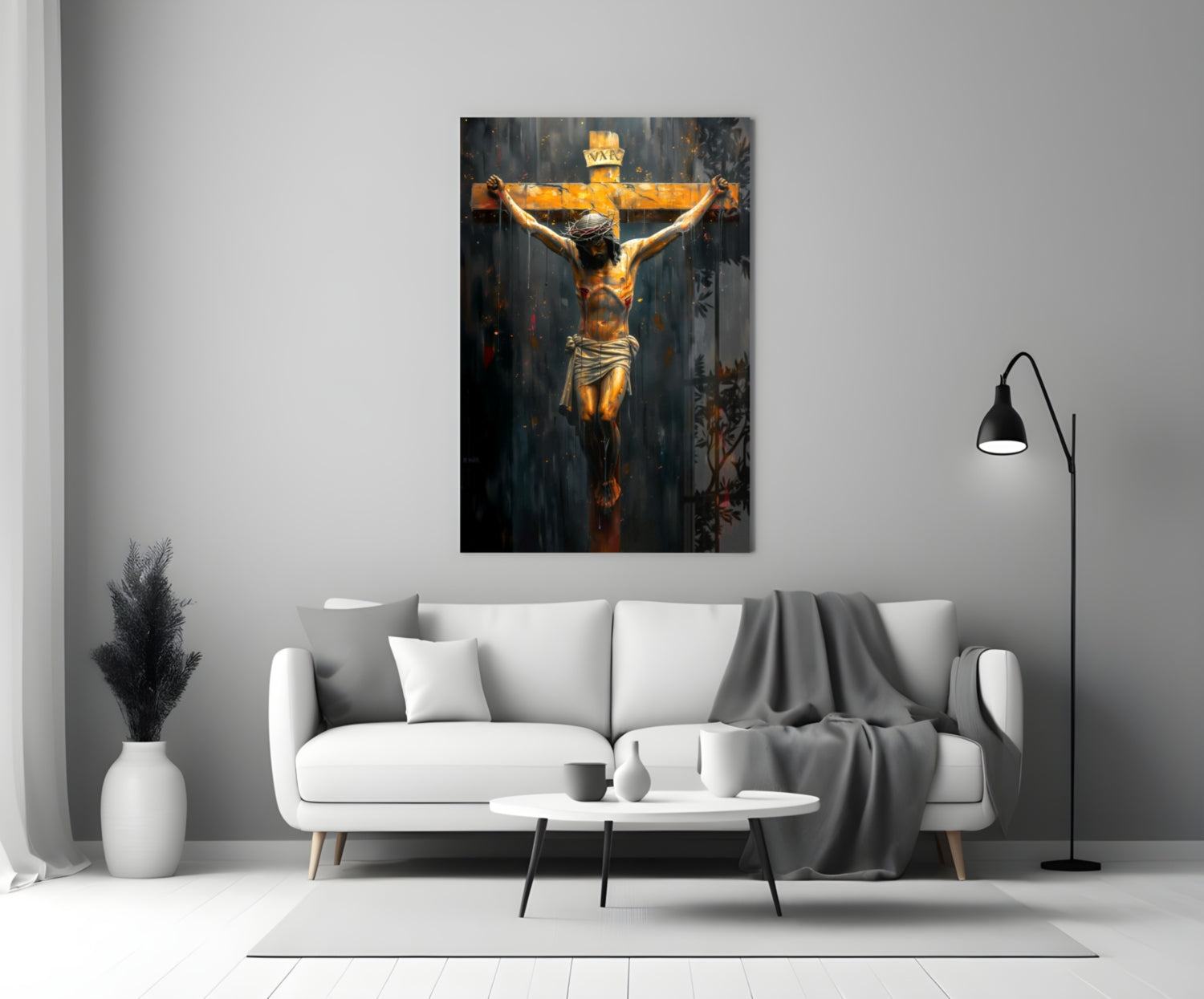 Golden Cross Crucifixion Dark Backdrop Glass Wall Art