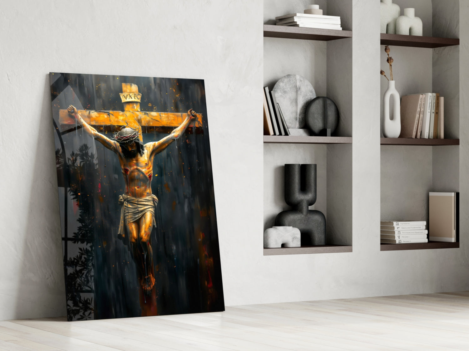 Golden Cross Crucifixion Dark Backdrop Glass Wall Art