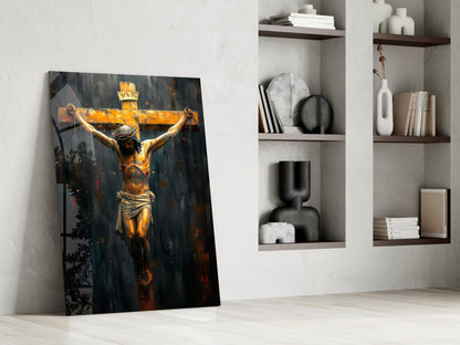 Golden Cross Crucifixion Dark Backdrop Glass Wall Art