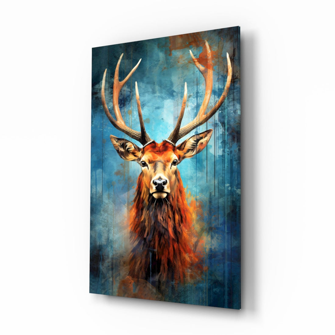 Red Stag Antlers Teal Watercolor Glass Wall Art
