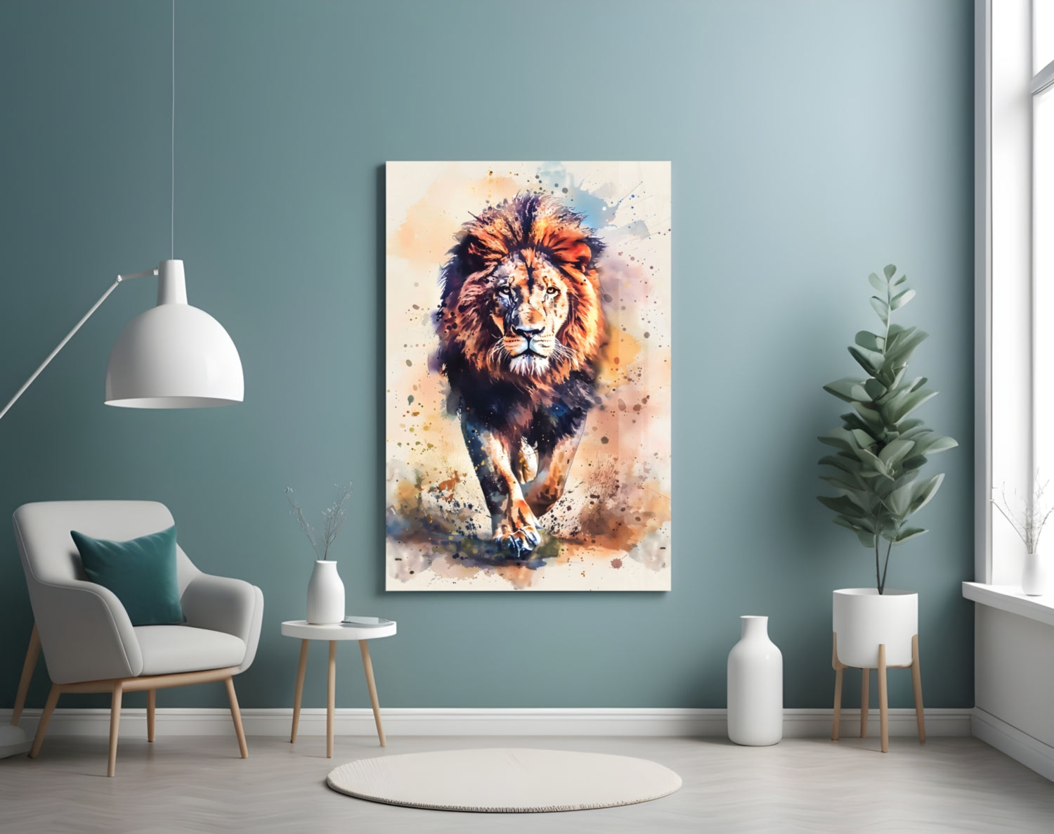 Watercolor Splash Walking Lion Glass Wall Art