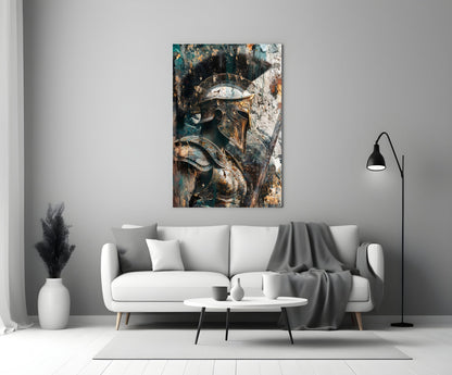 Teal Gold Spartan Helmet Glass Wall Art