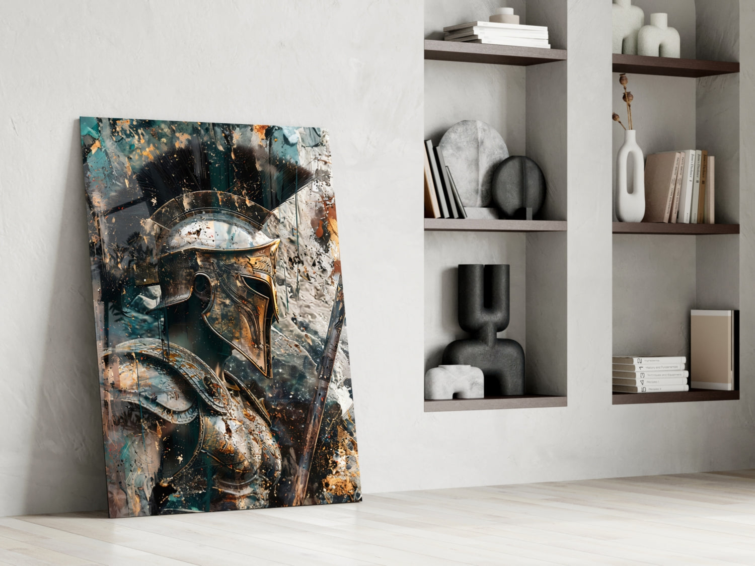 Teal Gold Spartan Helmet Glass Wall Art