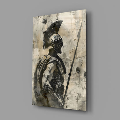 Sepia Spartan With Spear Glass Wall Art