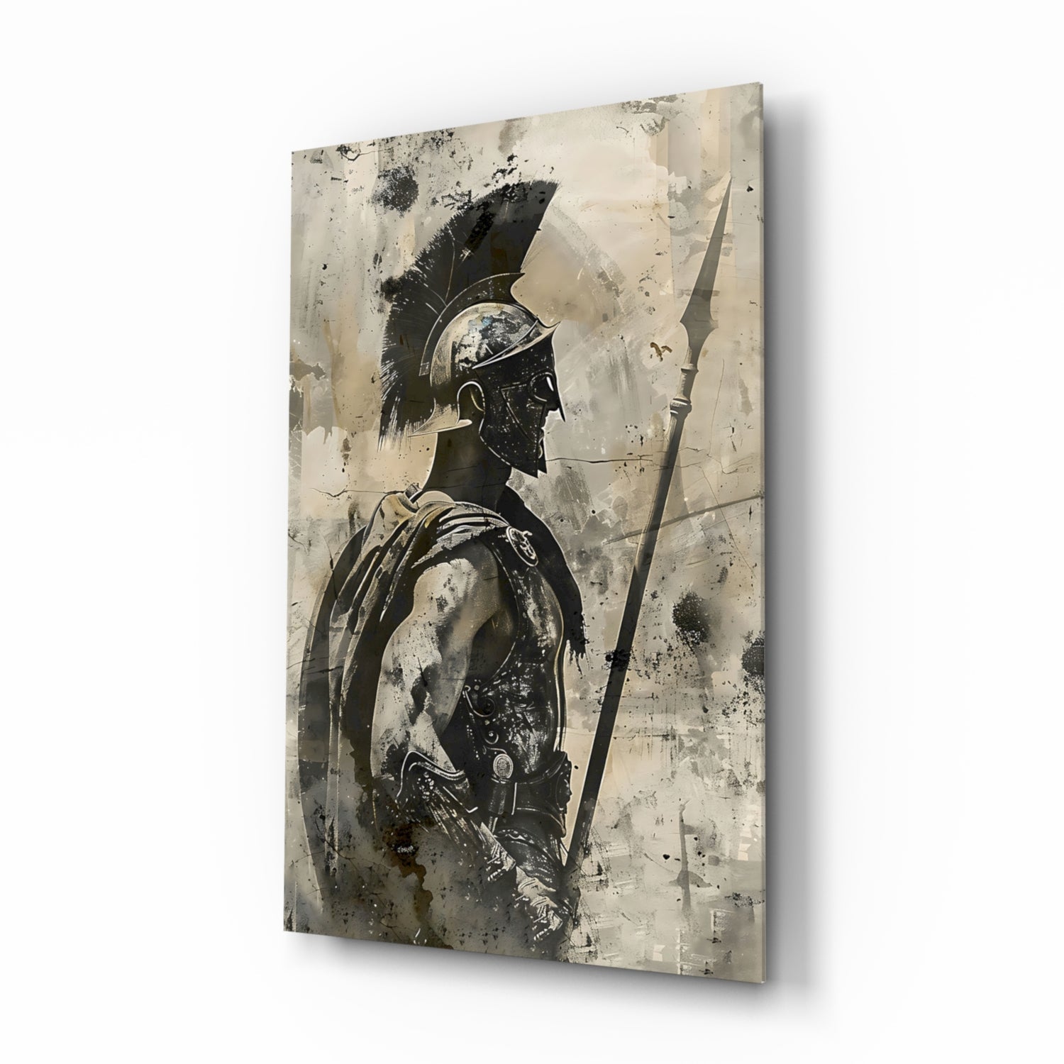 Sepia Spartan With Spear Glass Wall Art