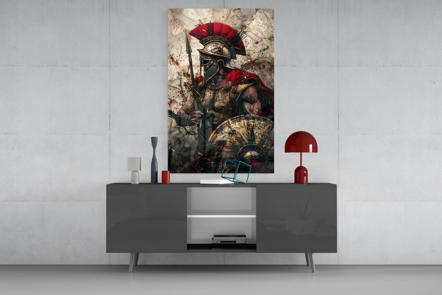 Red Crest Gladiator Shield Glass Wall Art