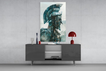 Teal Spartan Helmet Profile Glass Wall Art