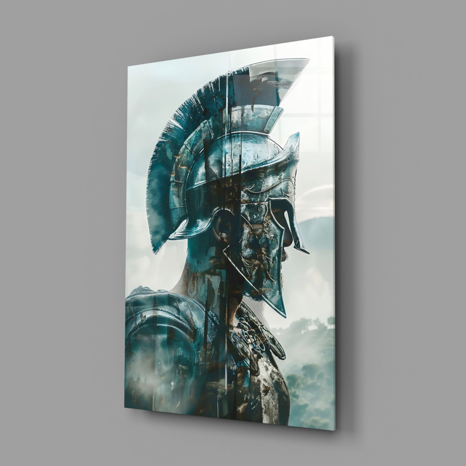 Teal Spartan Helmet Profile Glass Wall Art