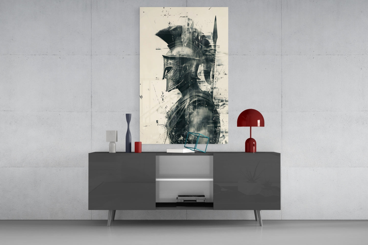 Monochrome Ink Spartan Helmet Glass Wall Art